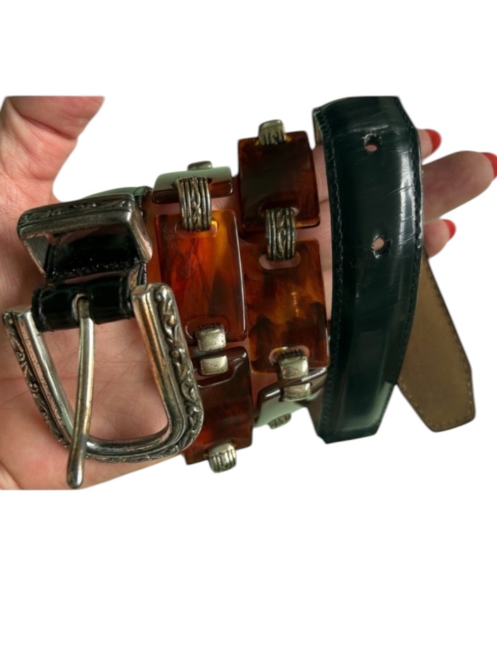Vintage BRIGHTON Faux Tortoise Links & Black Leather Belt